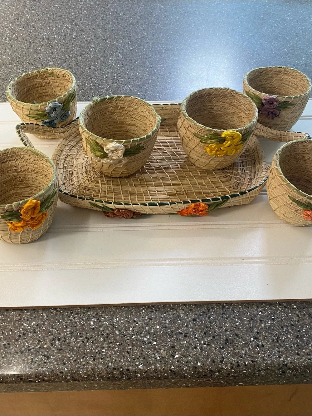 Handwoven Natural Straw Condiment Basket Set Floral Accents Jamaica Party Camp